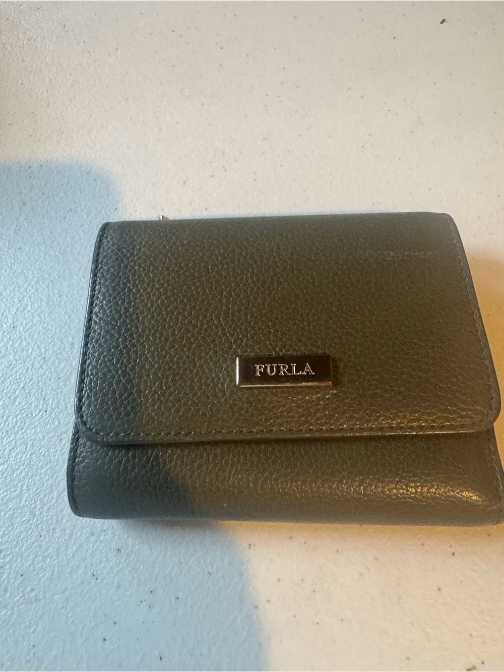 Furla Olive Pebbled Leather Tri-Fold Wallet with Metal Logo